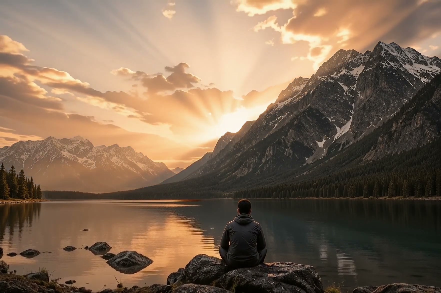 A solitary figure on a rock by a mountain lake at dawn, looking toward distant peaks.